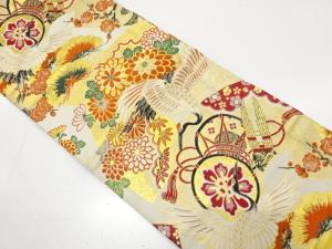 アンティーク　鶴に菊・古楽器模様織り出し丸帯（材料）